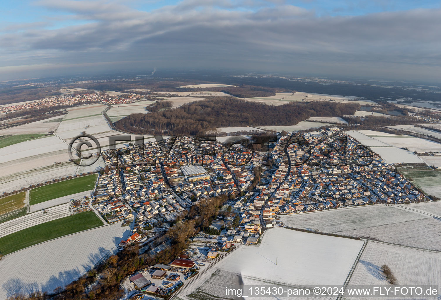 Aerial view of In winter when there is snow in Kuhardt in the state Rhineland-Palatinate, Germany