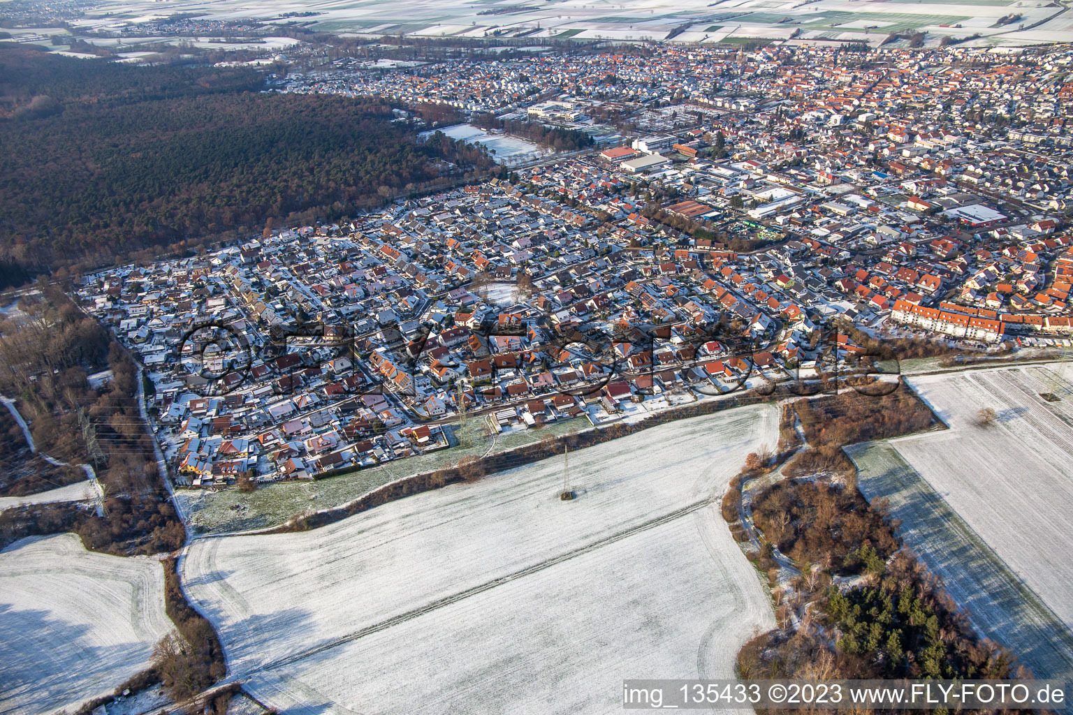 Aerial view of South ring in winter with snow in Rülzheim in the state Rhineland-Palatinate, Germany