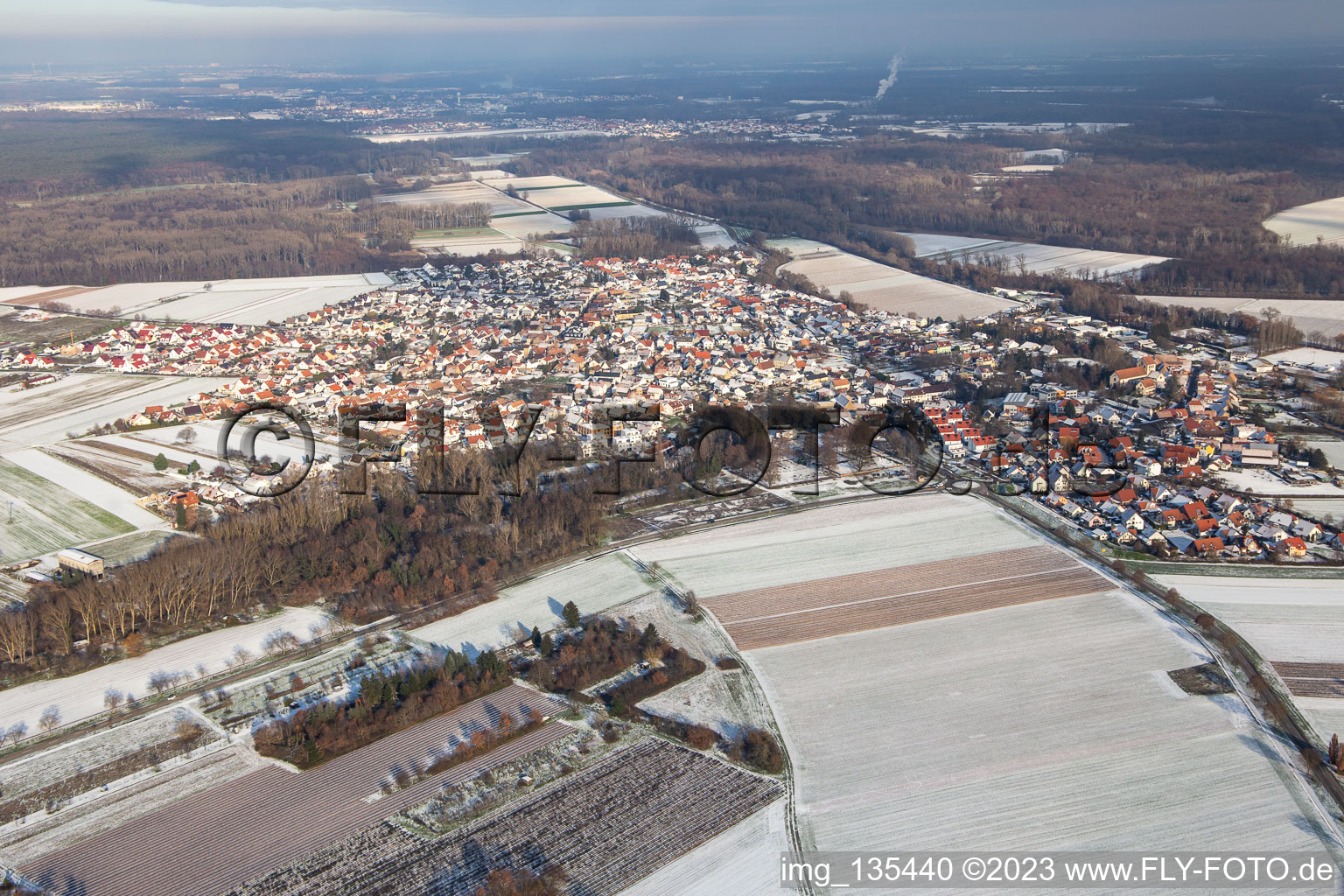 Aerial view of In winter when there is snow in Hördt in the state Rhineland-Palatinate, Germany