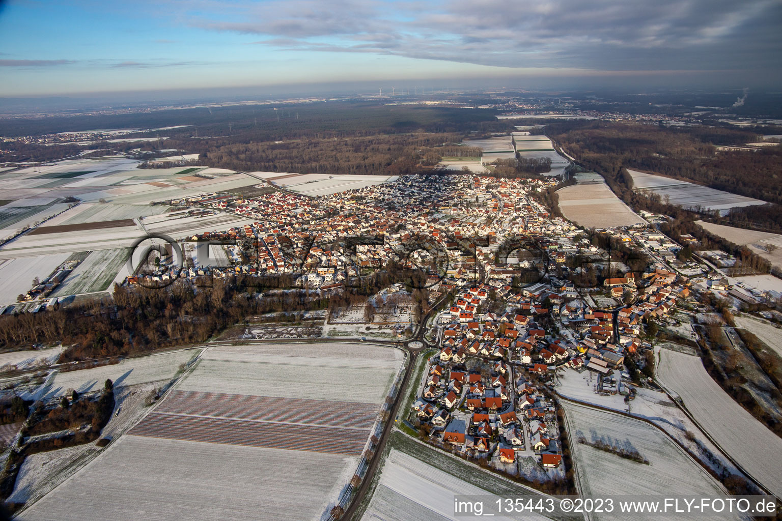 Aerial photograpy of In winter when there is snow in Hördt in the state Rhineland-Palatinate, Germany