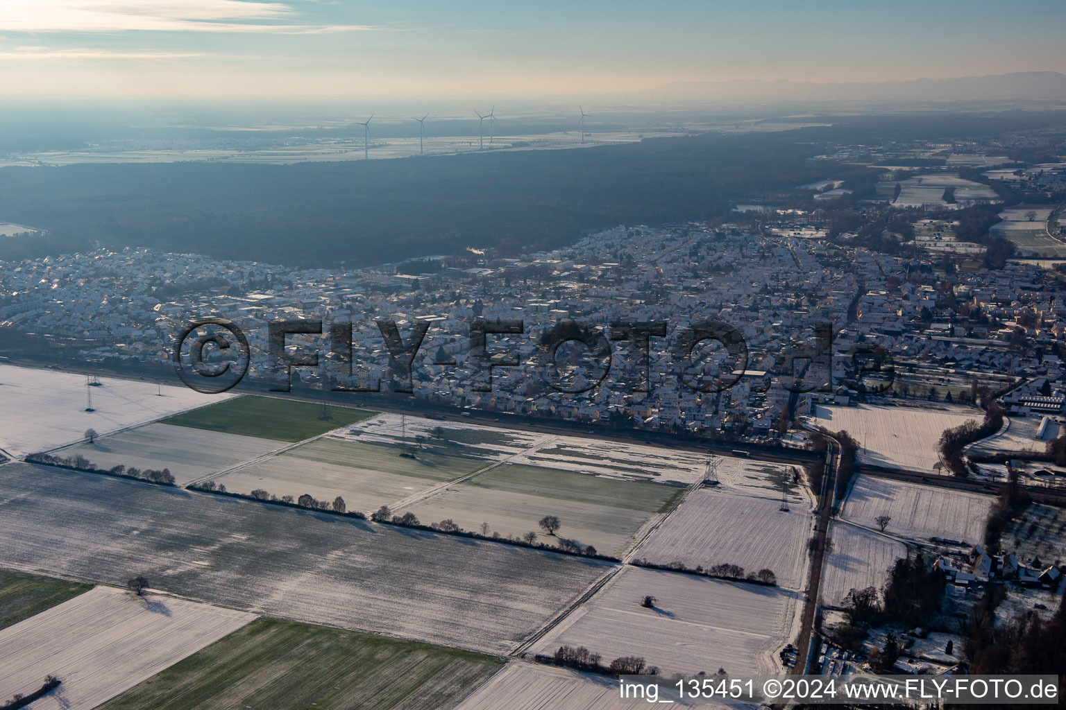 Aerial view of B9 in winter when there is snow in Rülzheim in the state Rhineland-Palatinate, Germany