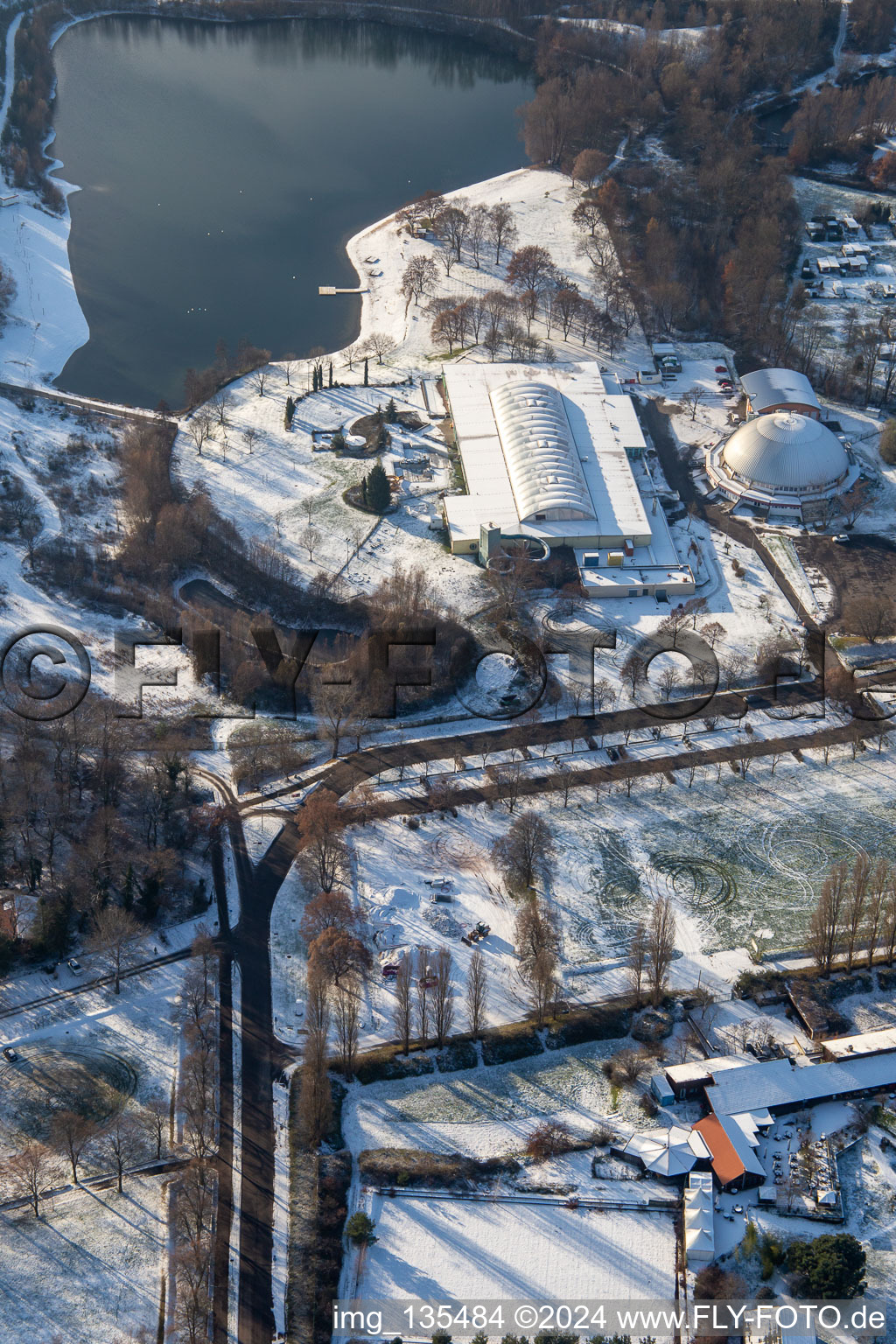 Aerial view of Beach, steam dumpling hall in winter when there is snow in Rülzheim in the state Rhineland-Palatinate, Germany