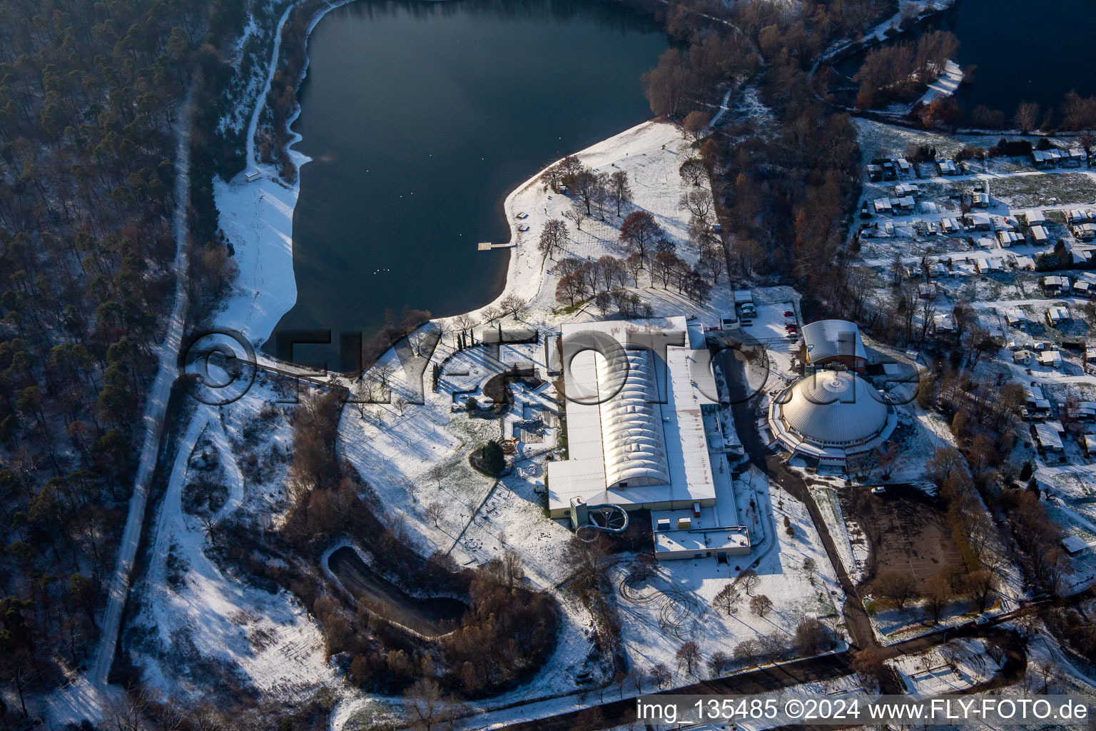 Aerial photograpy of Beach, steam dumpling hall in winter when there is snow in Rülzheim in the state Rhineland-Palatinate, Germany