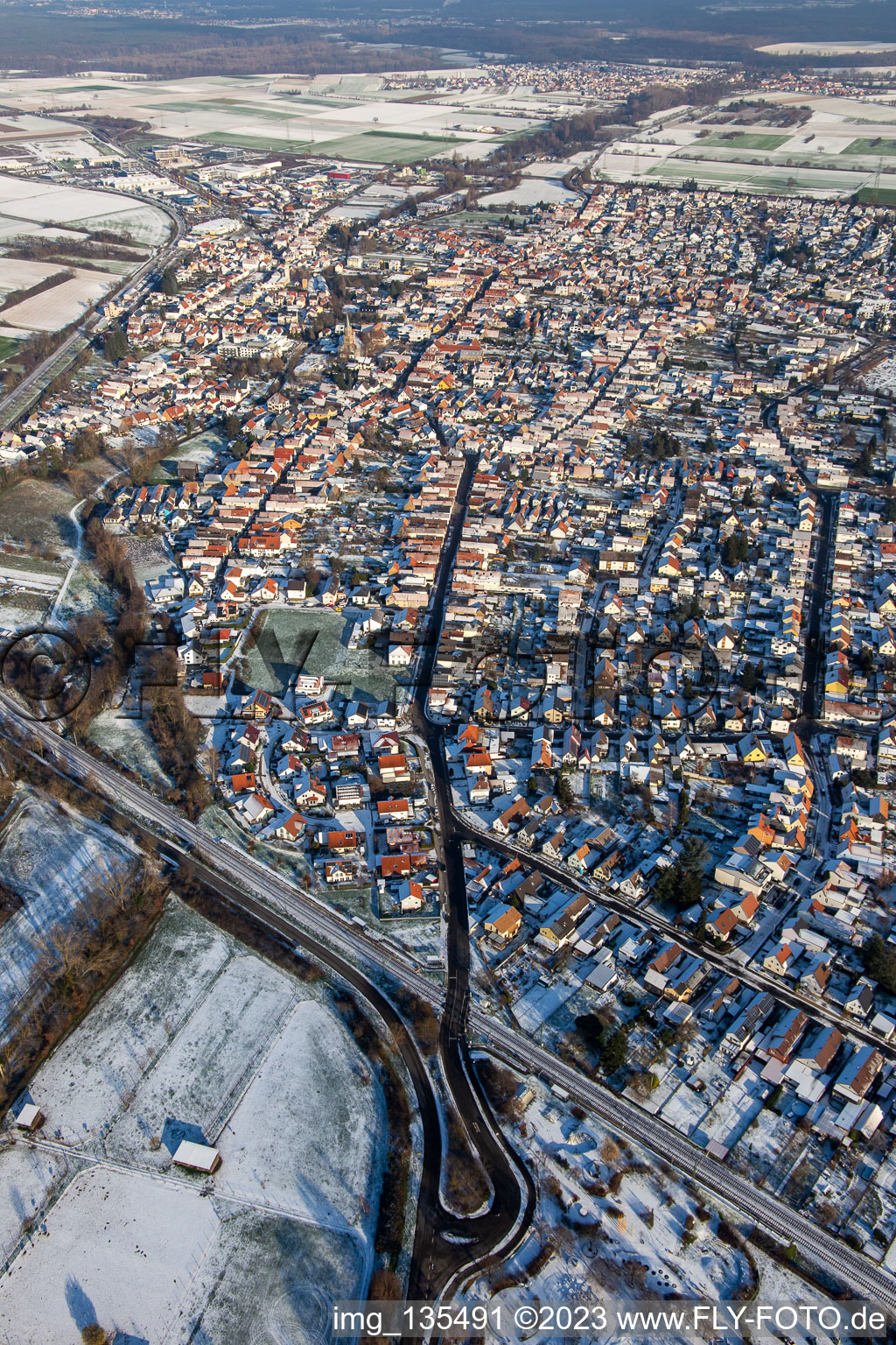 Aerial view of From the west in winter when there is snow in Rülzheim in the state Rhineland-Palatinate, Germany