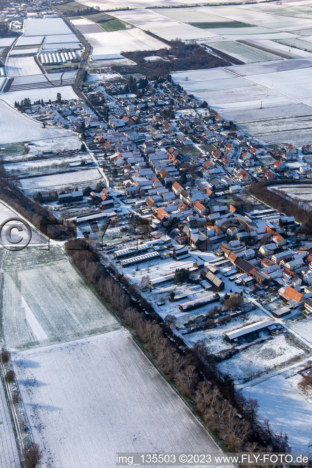 Aerial photograpy of In winter when there is snow in Herxheimweyher in the state Rhineland-Palatinate, Germany