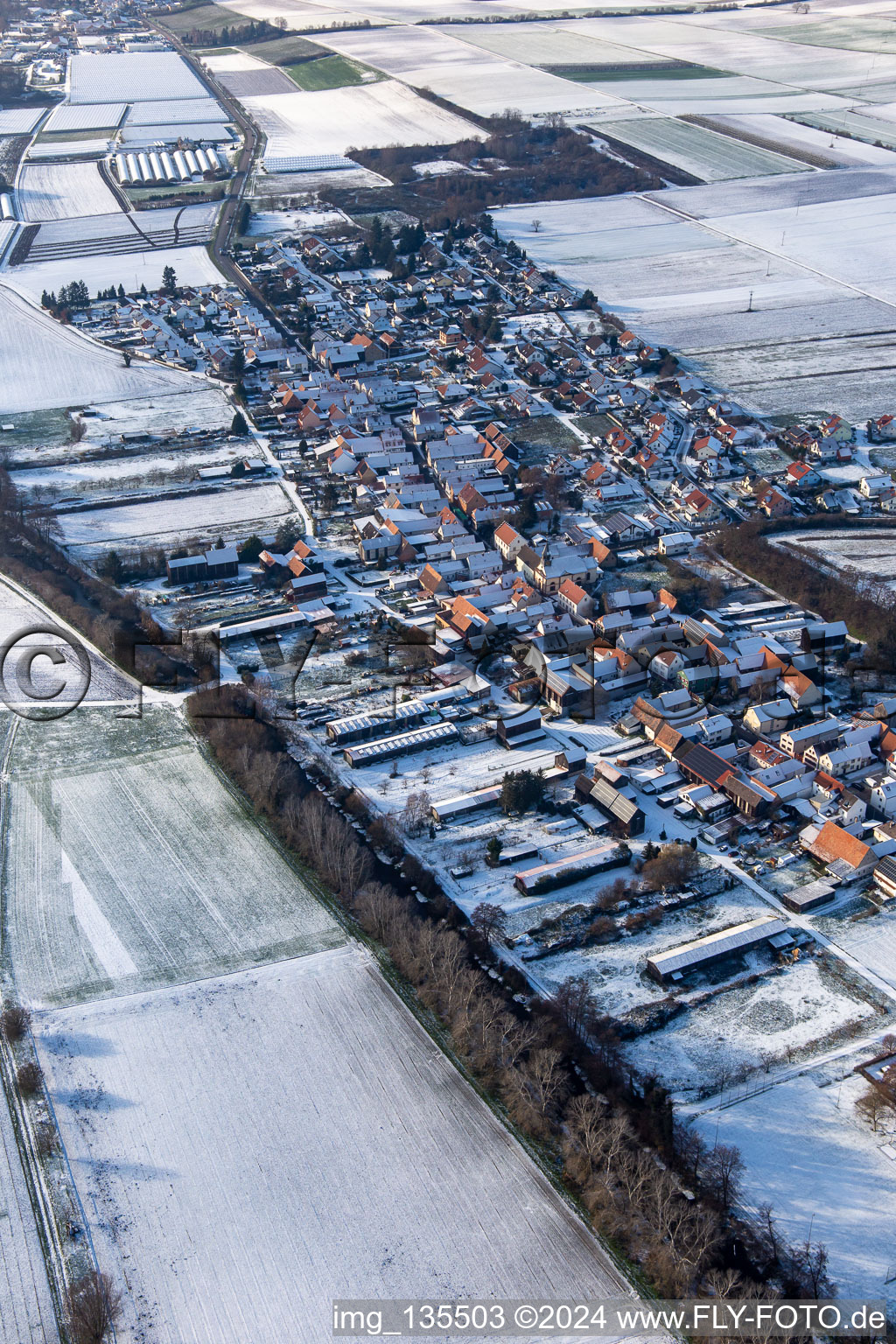 Aerial photograpy of In winter when there is snow in Herxheimweyher in the state Rhineland-Palatinate, Germany