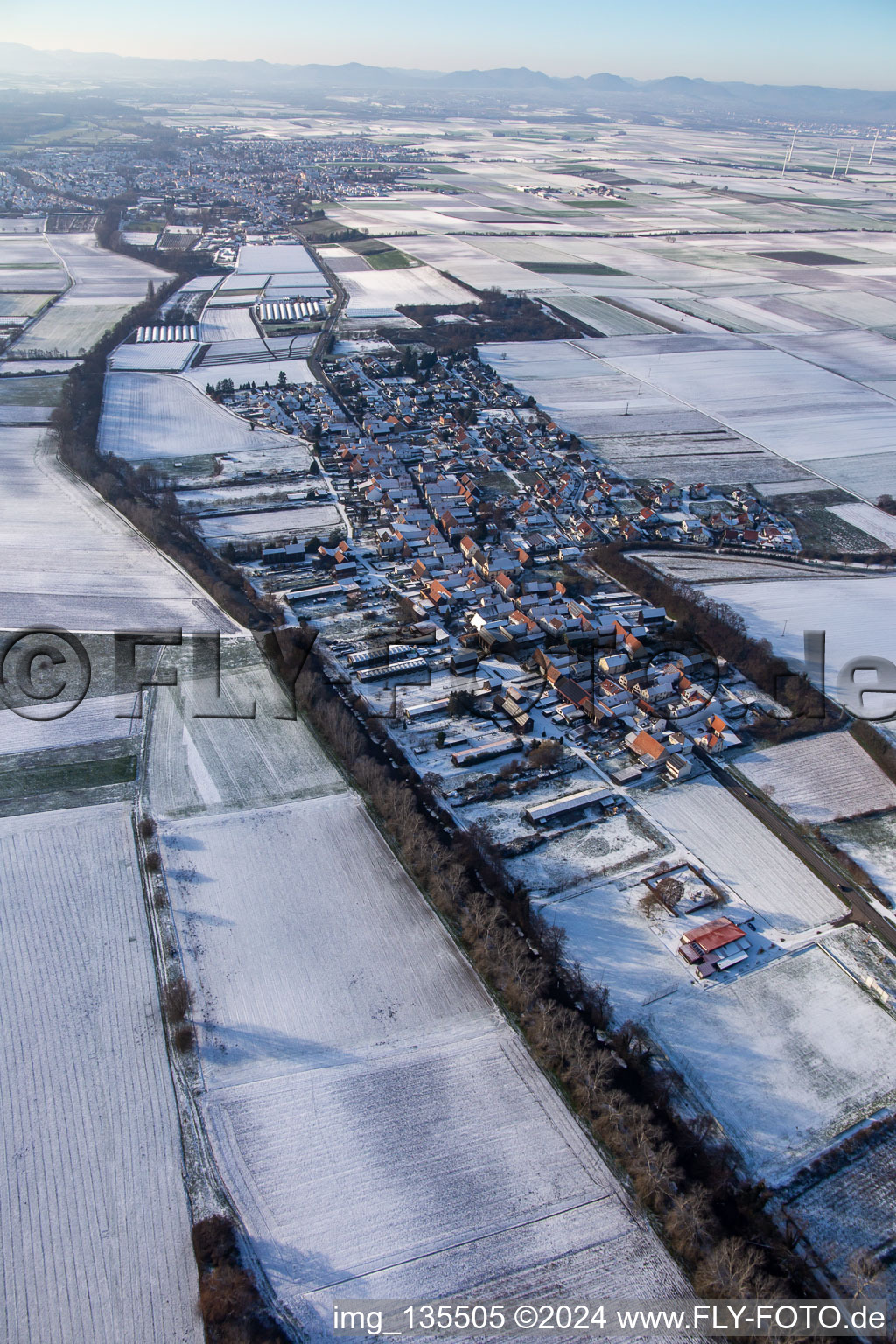 Oblique view of In winter when there is snow in Herxheimweyher in the state Rhineland-Palatinate, Germany