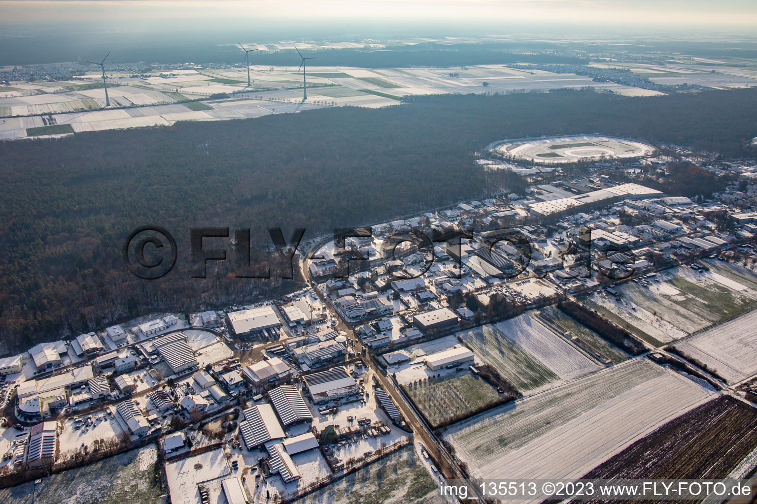 Aerial view of Commercial area Am Gäxwald in winter with snow in the district Herxheim in Herxheim bei Landau/Pfalz in the state Rhineland-Palatinate, Germany