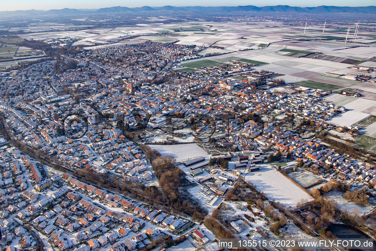 Aerial view of Old Klingbach and Klingbach tank ditch in winter with snow in the district Herxheim in Herxheim bei Landau/Pfalz in the state Rhineland-Palatinate, Germany