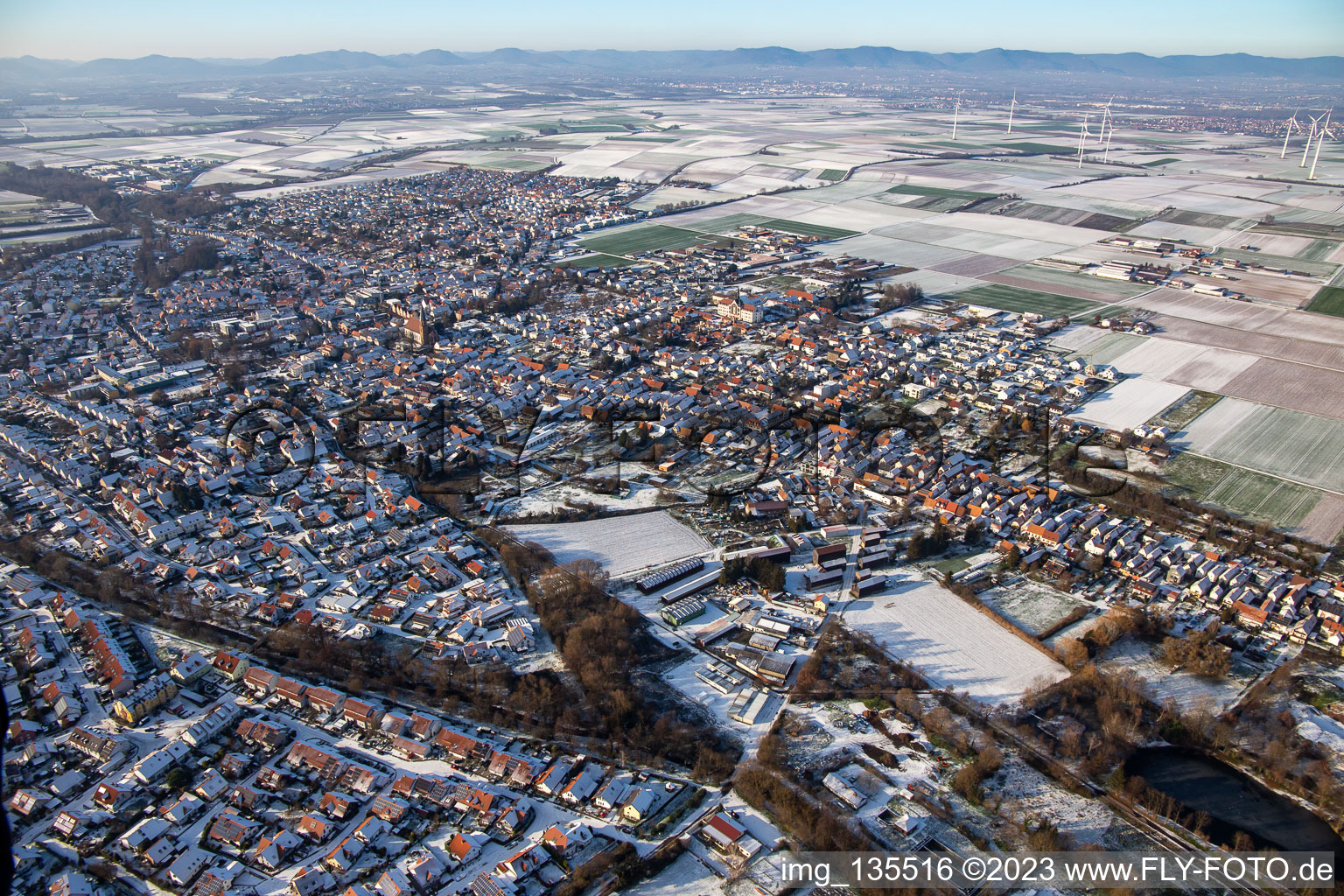 Aerial photograpy of Alter Klingbach and Klingbach-Tankgraben in winter with snow in the district Herxheim in Herxheim bei Landau in the state Rhineland-Palatinate, Germany