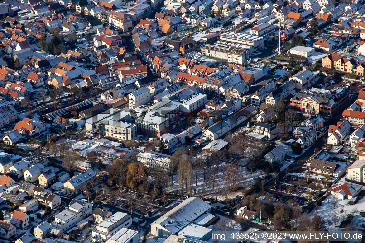 Holzgasse to Villa Wieser in winter with snow in the district Herxheim in Herxheim bei Landau in the state Rhineland-Palatinate, Germany