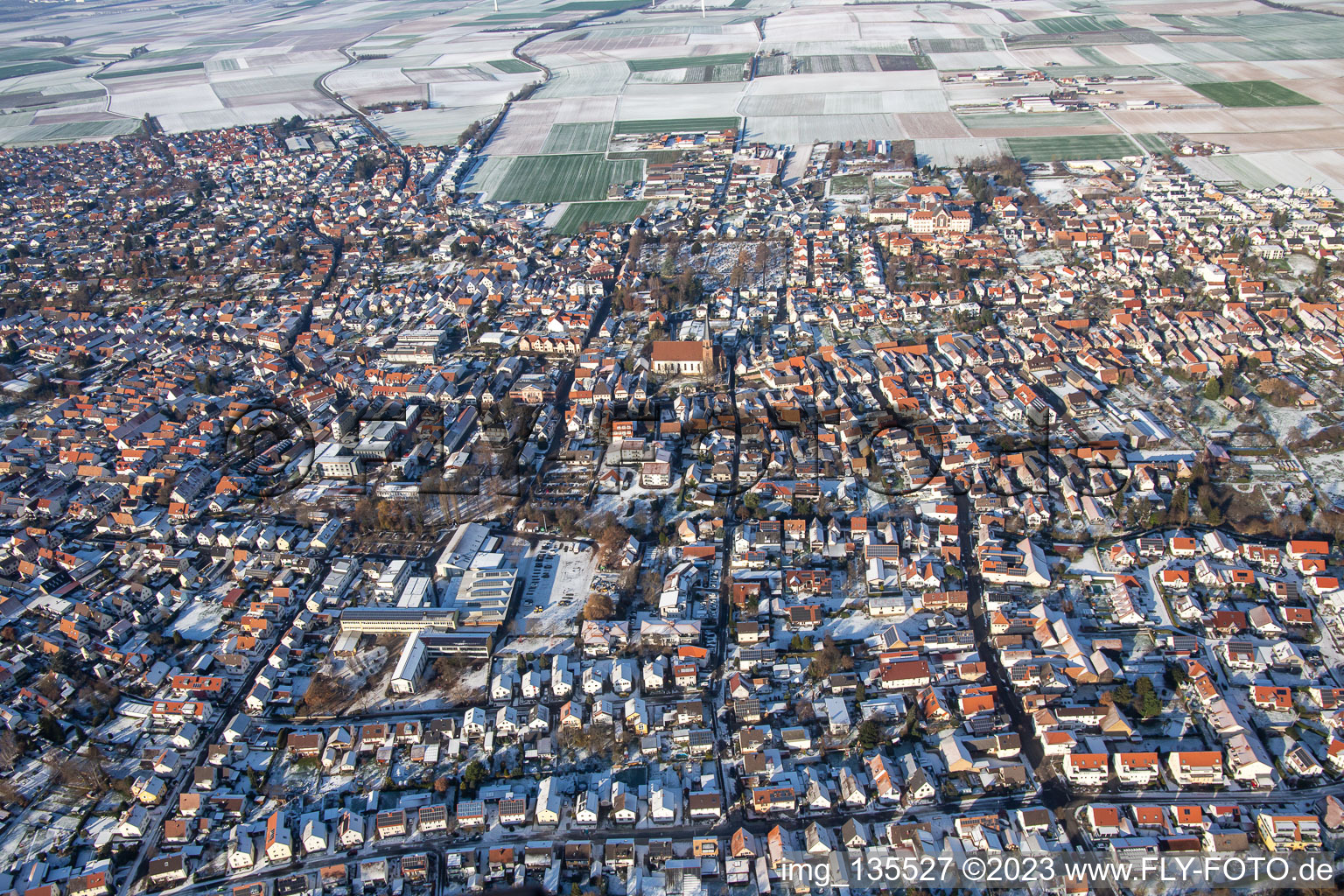 Aerial photograpy of In winter when there is snow in the district Herxheim in Herxheim bei Landau in the state Rhineland-Palatinate, Germany