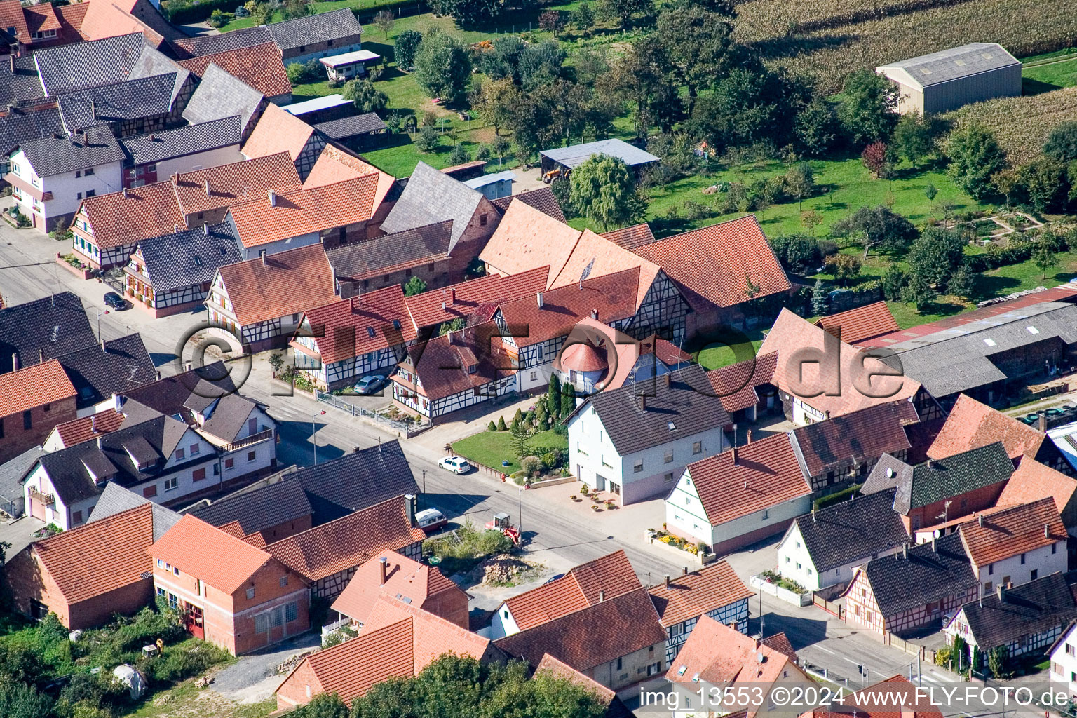 Aerial view of Niederlauterbach in the state Bas-Rhin, France