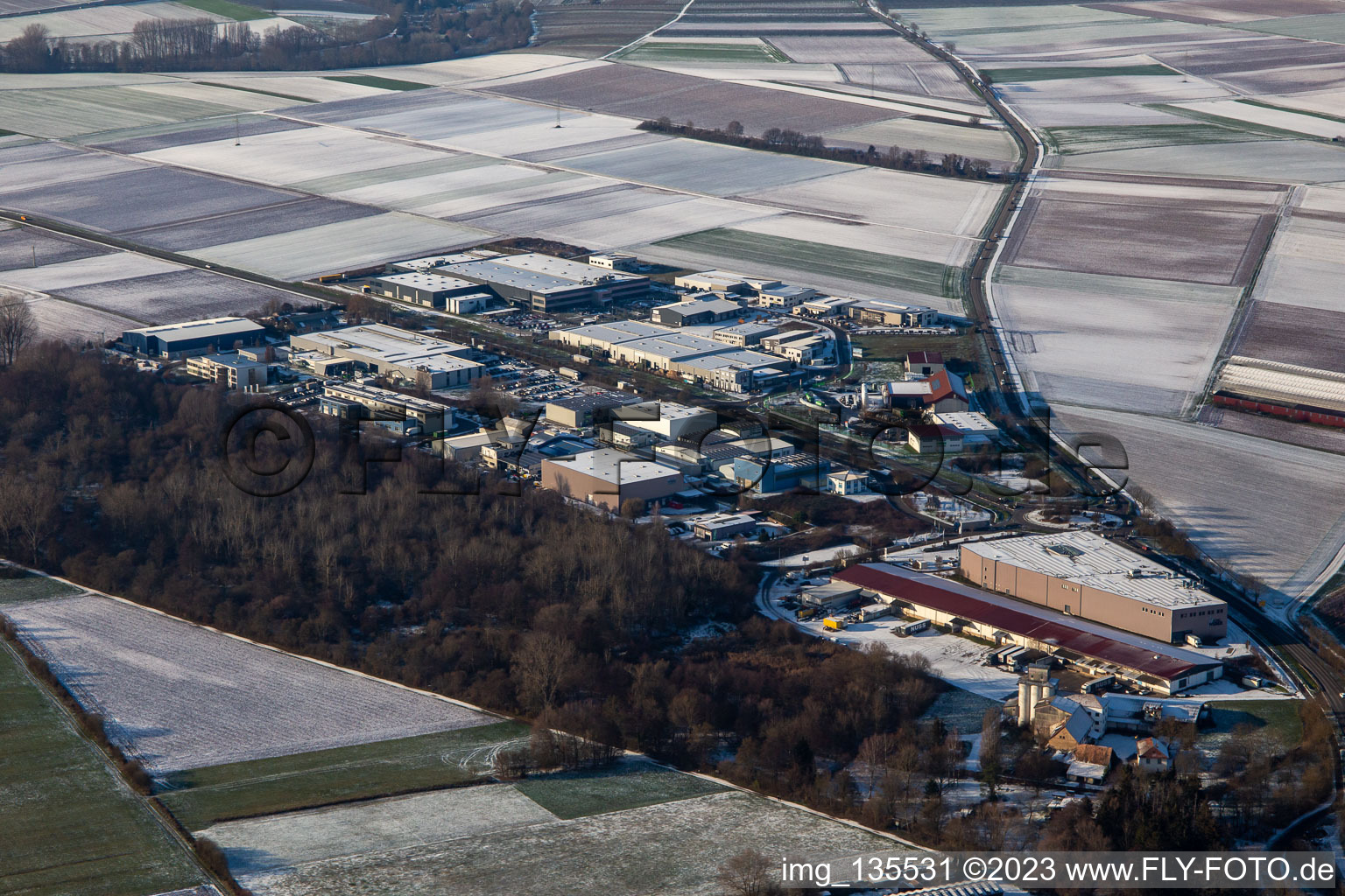 Business Park W in winter with snow in the district Herxheim in Herxheim bei Landau in the state Rhineland-Palatinate, Germany