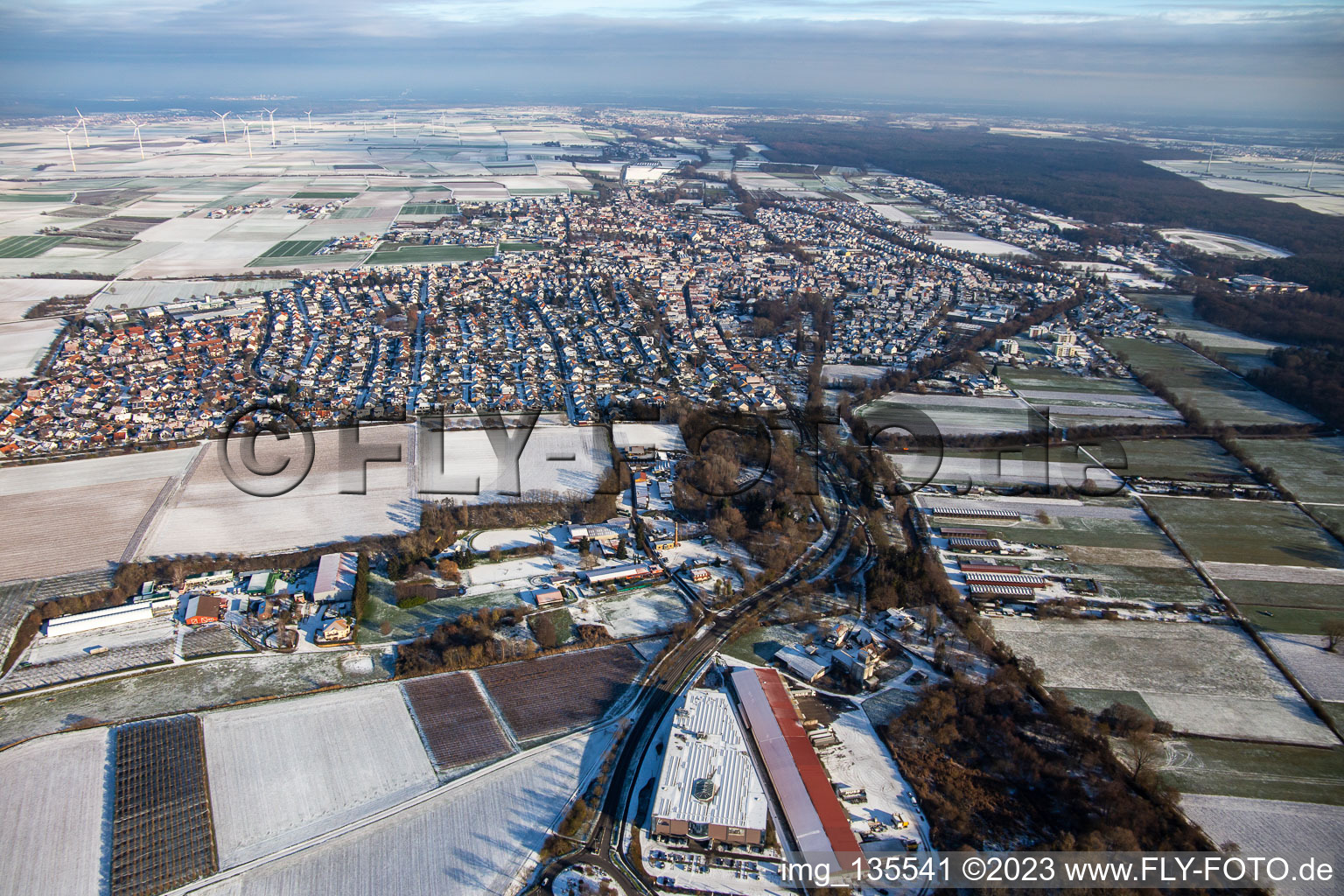 Aerial view of From the west in winter when there is snow in the district Herxheim in Herxheim bei Landau in the state Rhineland-Palatinate, Germany