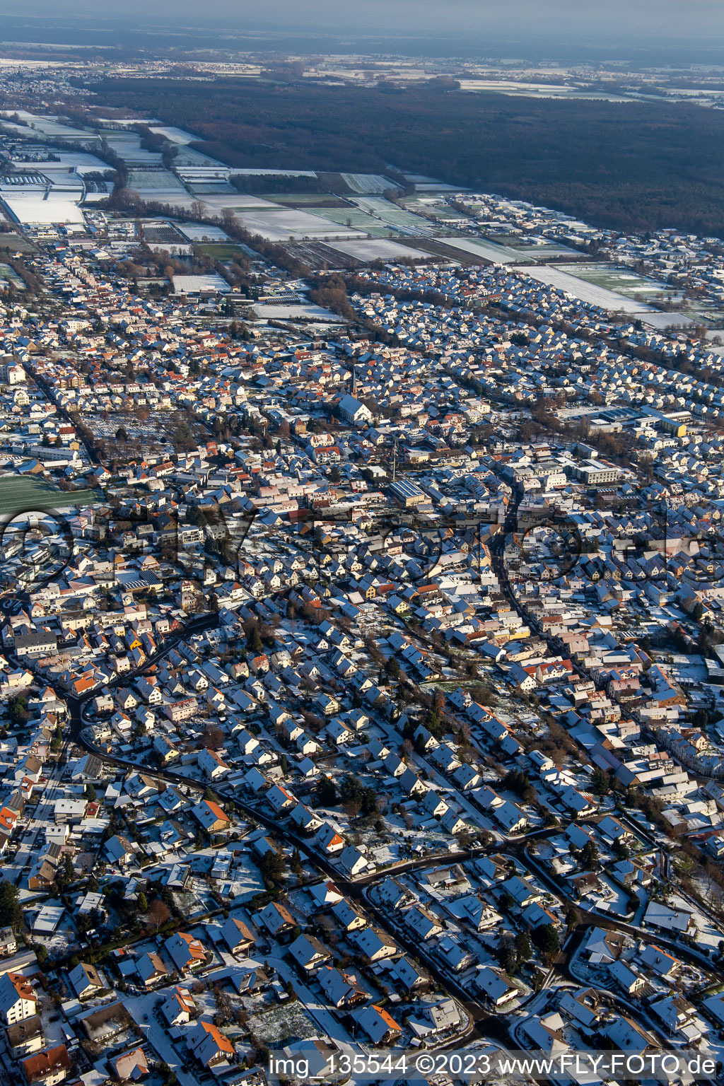 Aerial view of From the northwest in winter when there is snow in the district Herxheim in Herxheim bei Landau in the state Rhineland-Palatinate, Germany