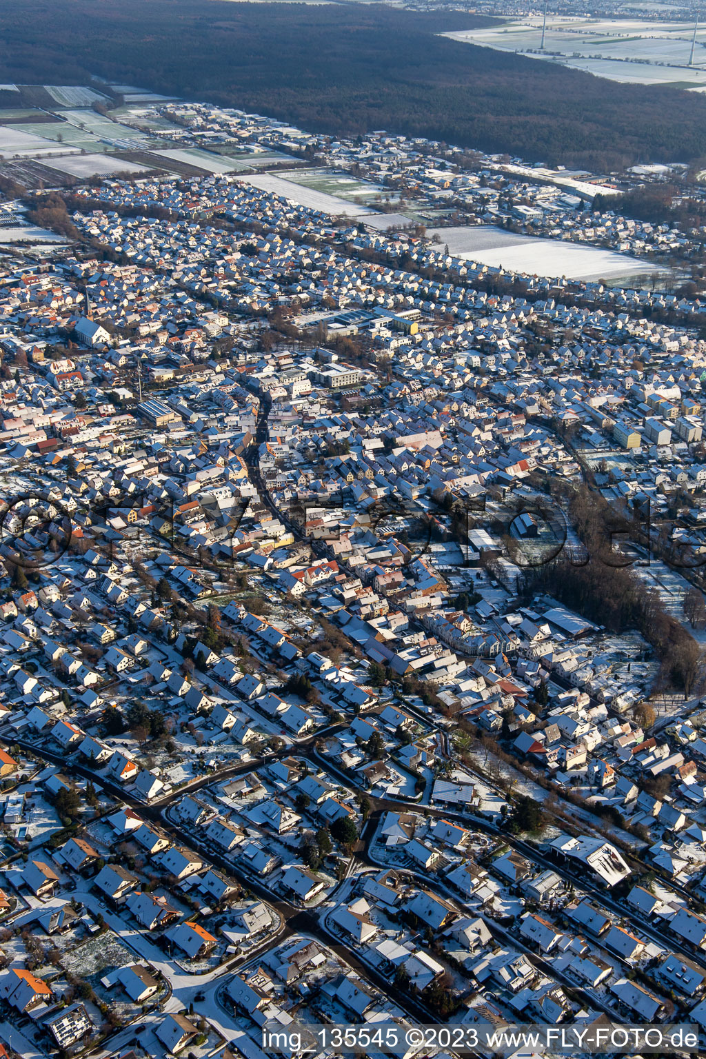 Aerial photograpy of From the northwest in winter when there is snow in the district Herxheim in Herxheim bei Landau in the state Rhineland-Palatinate, Germany