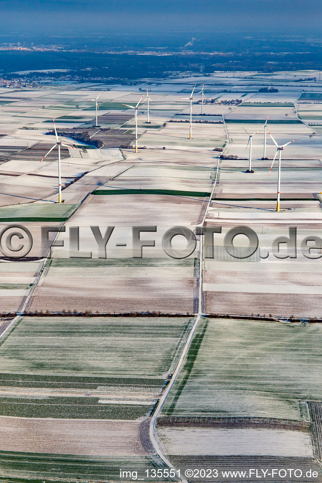 Aerial photograpy of Wind farm in winter with snow in Offenbach an der Queich in the state Rhineland-Palatinate, Germany