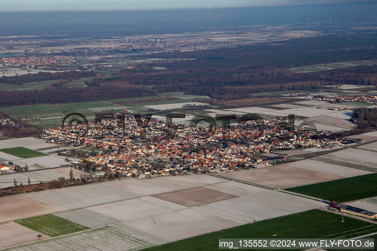 From the southwest in winter when there is snow in the district Ottersheim in Ottersheim bei Landau in the state Rhineland-Palatinate, Germany