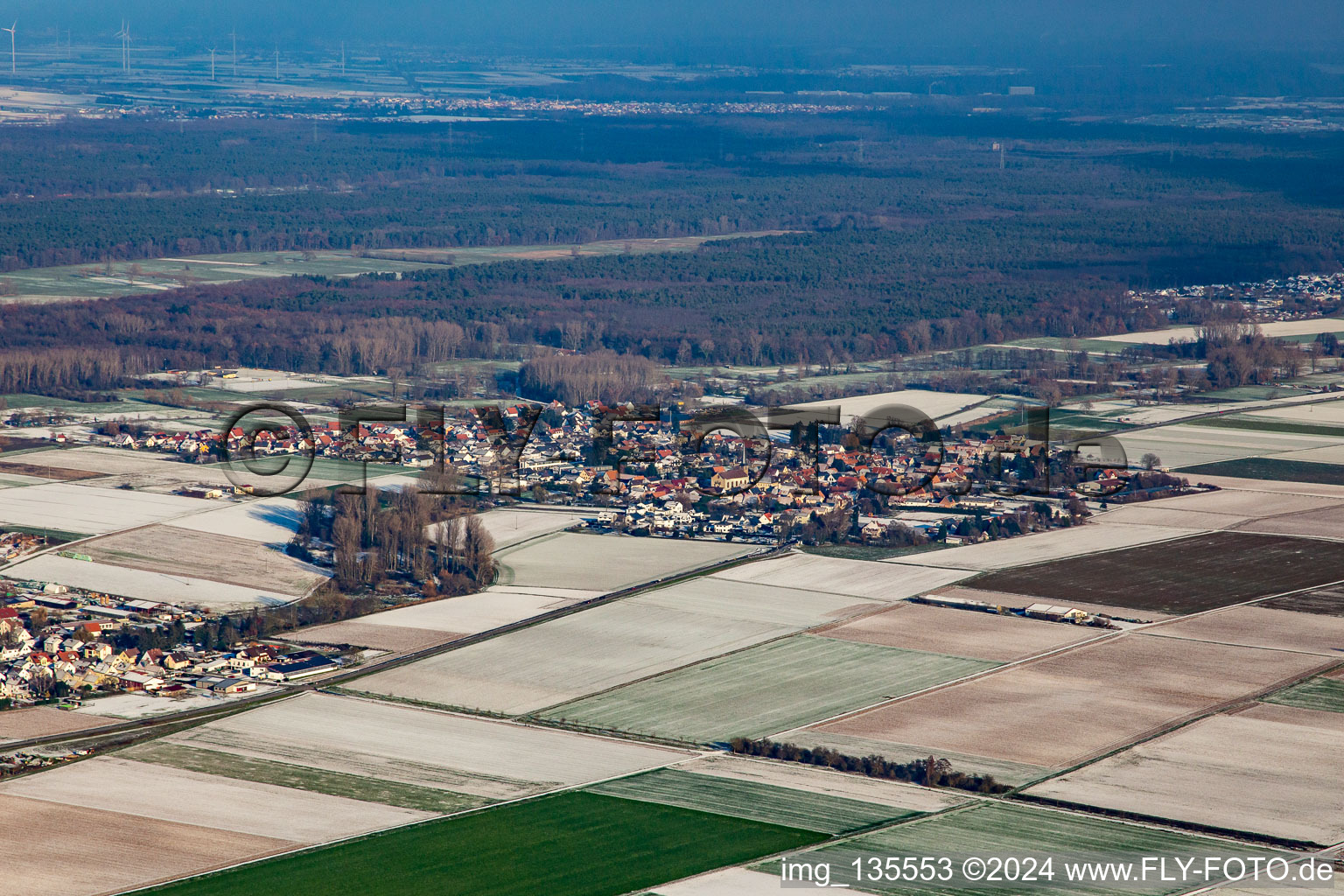 From the southwest in winter when there is snow in Knittelsheim in the state Rhineland-Palatinate, Germany