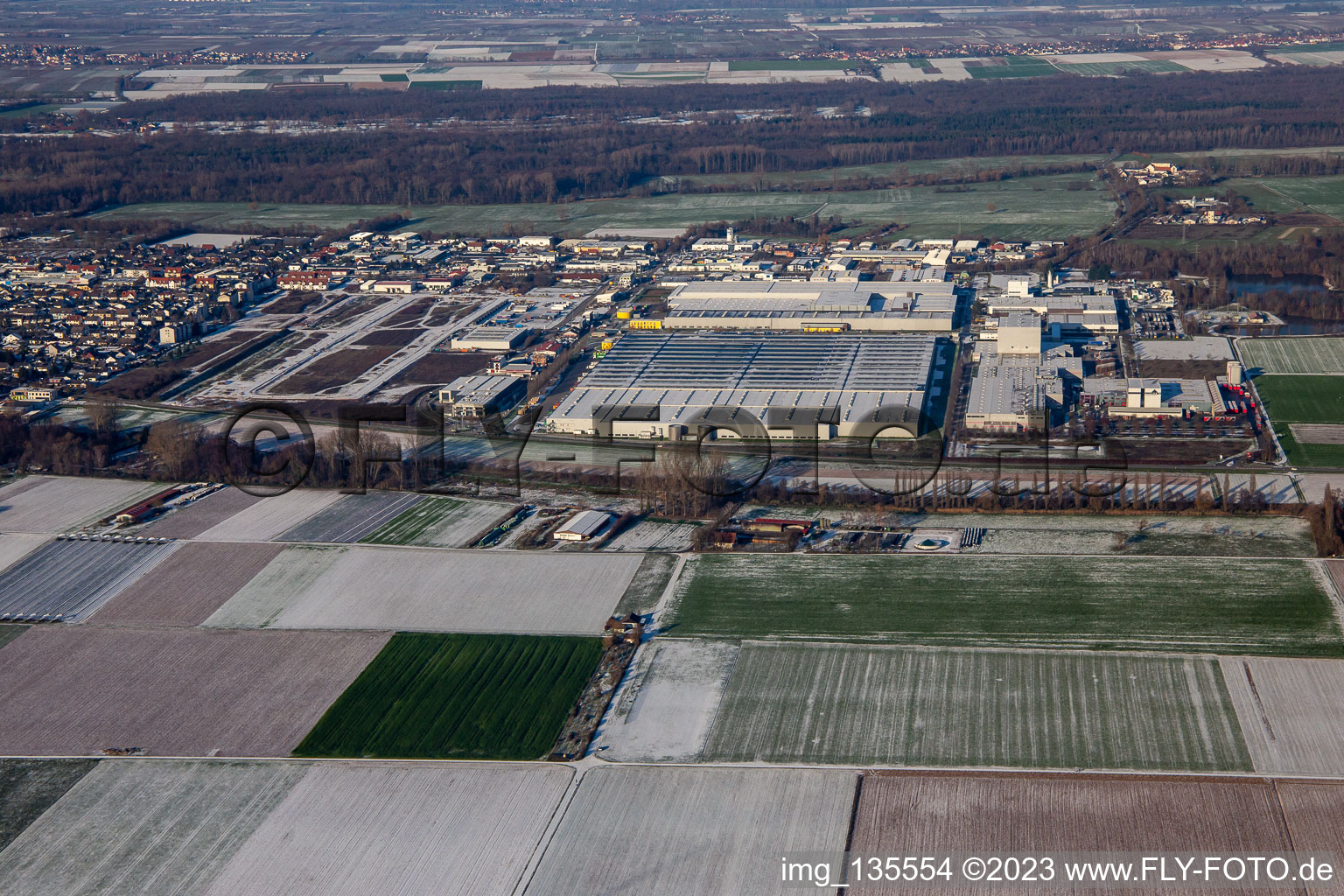 Interpark industrial area in winter with snow in Offenbach an der Queich in the state Rhineland-Palatinate, Germany