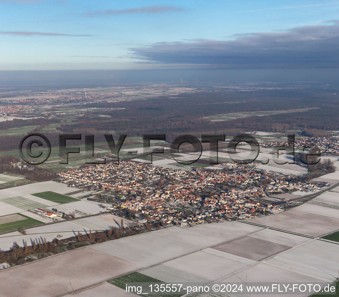 Aerial view of From the southwest in winter when there is snow in the district Ottersheim in Ottersheim bei Landau in the state Rhineland-Palatinate, Germany