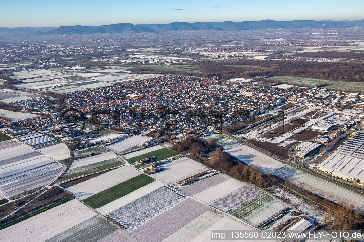 From the southeast in winter when there is snow in Offenbach an der Queich in the state Rhineland-Palatinate, Germany