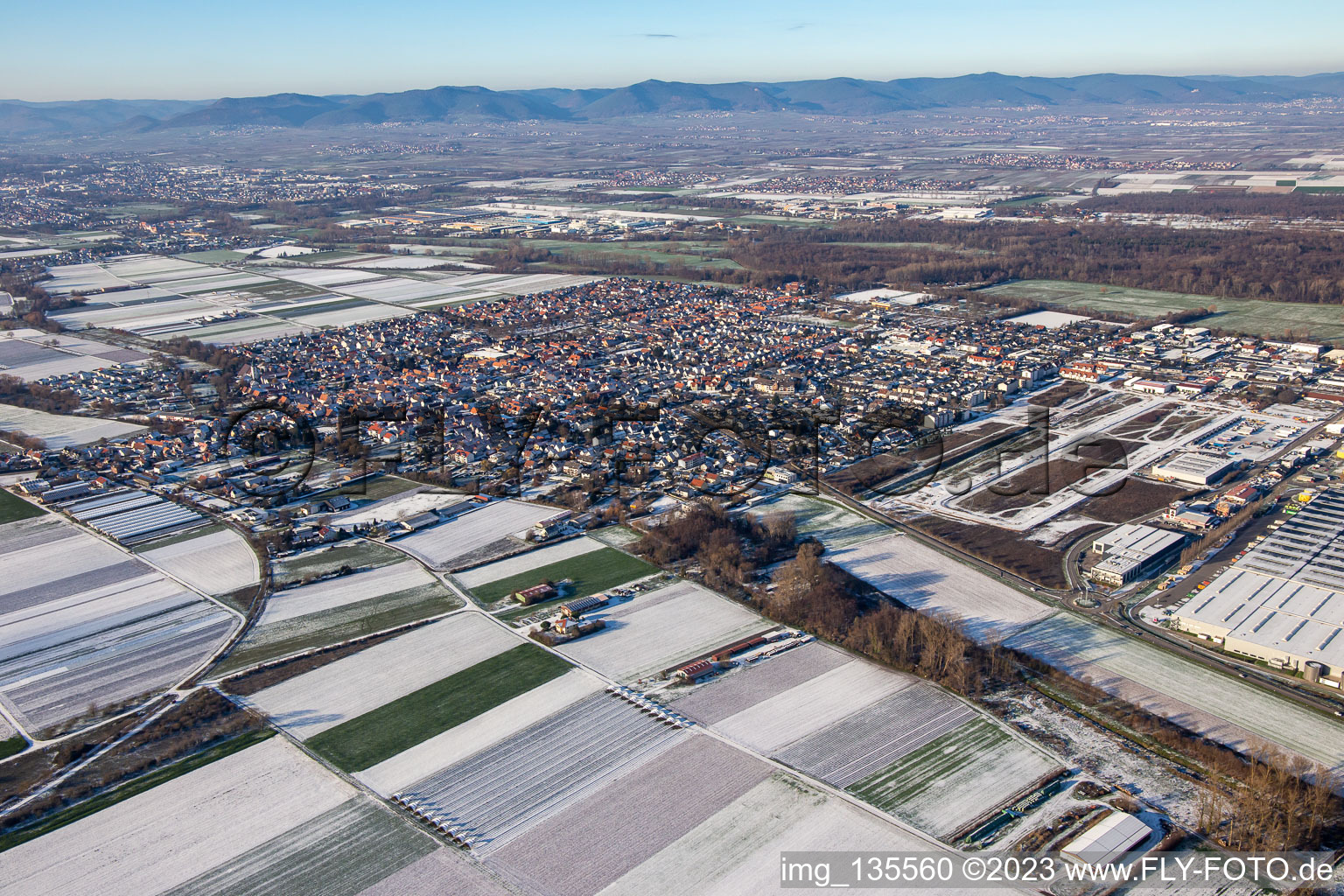 From the southeast in winter when there is snow in the district Offenbach in Offenbach an der Queich in the state Rhineland-Palatinate, Germany