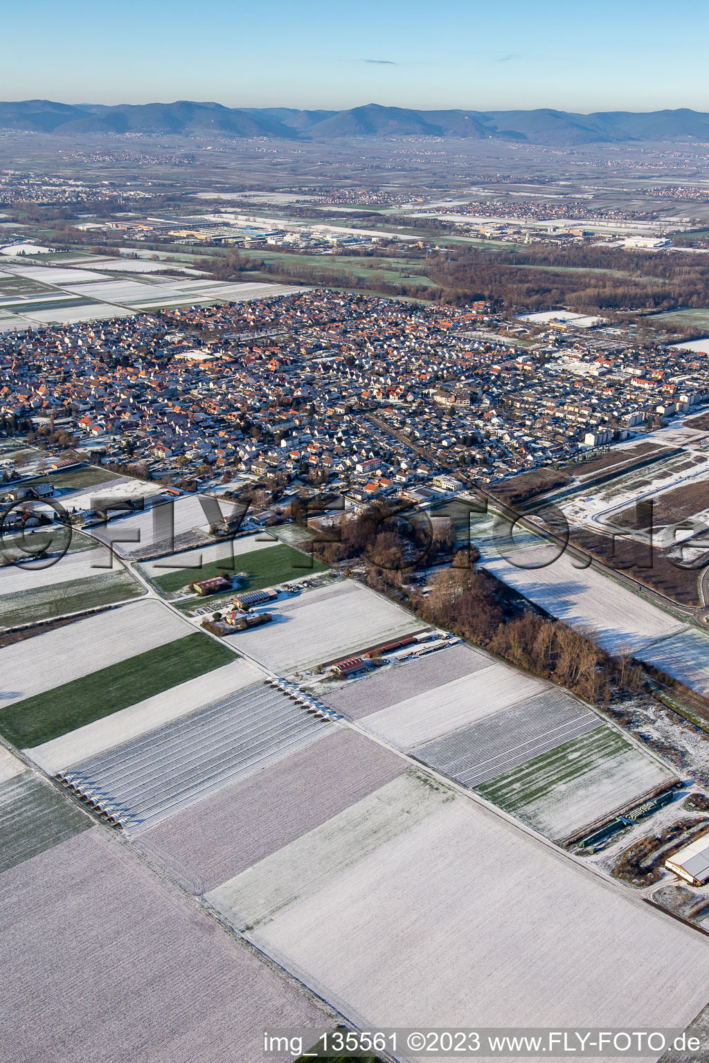 Aerial view of From the southeast in winter when there is snow in the district Offenbach in Offenbach an der Queich in the state Rhineland-Palatinate, Germany