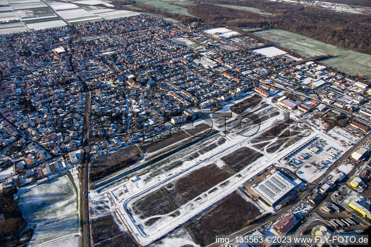 Aerial photograpy of From the southeast in winter when there is snow in Offenbach an der Queich in the state Rhineland-Palatinate, Germany