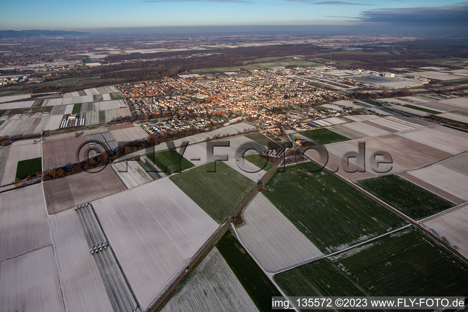 Aerial view of From the southwest in winter when there is snow in Offenbach an der Queich in the state Rhineland-Palatinate, Germany