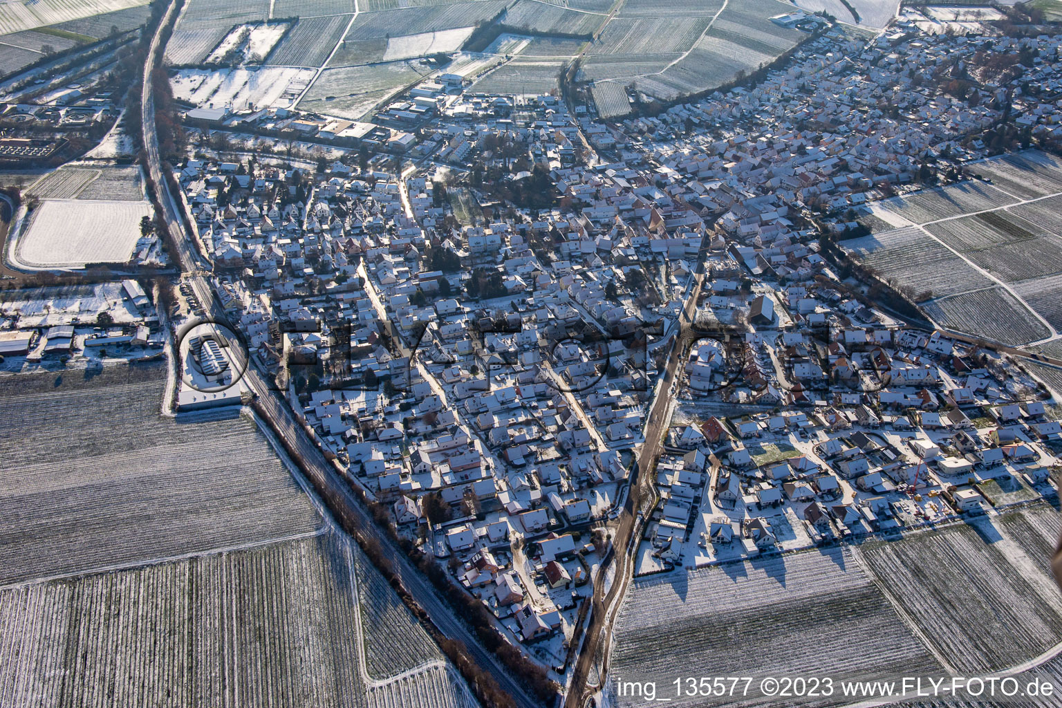 Aerial view of From the north in winter when there is snow in Insheim in the state Rhineland-Palatinate, Germany