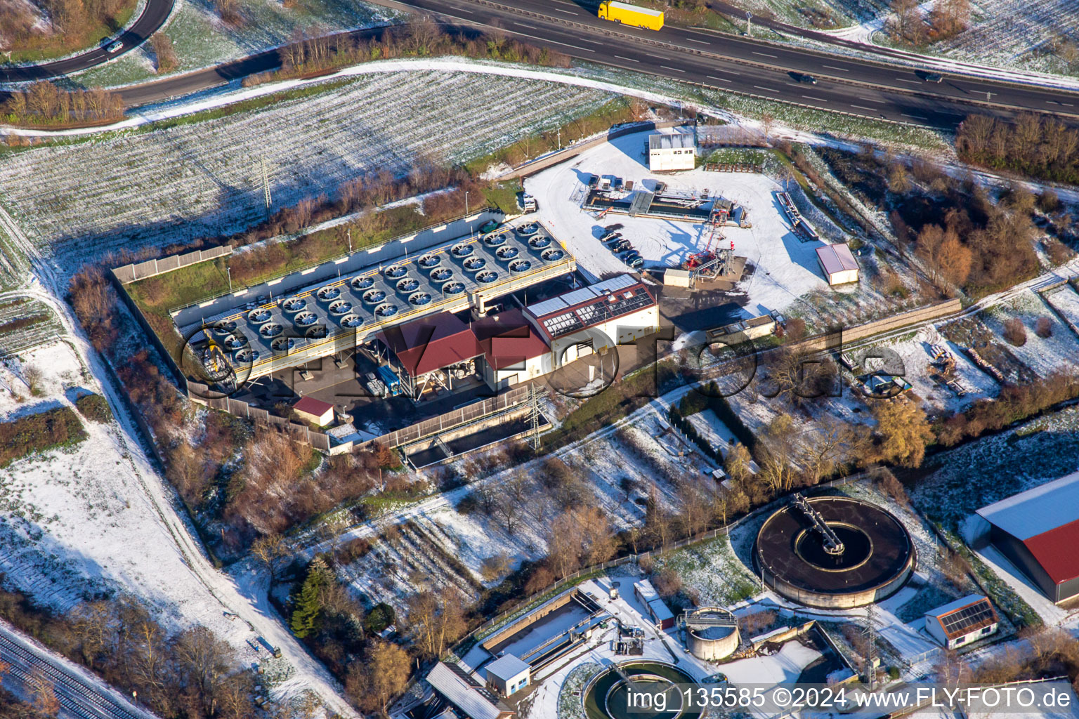 Aerial view of Vulcan thermal power plant in winter with snow in Insheim in the state Rhineland-Palatinate, Germany