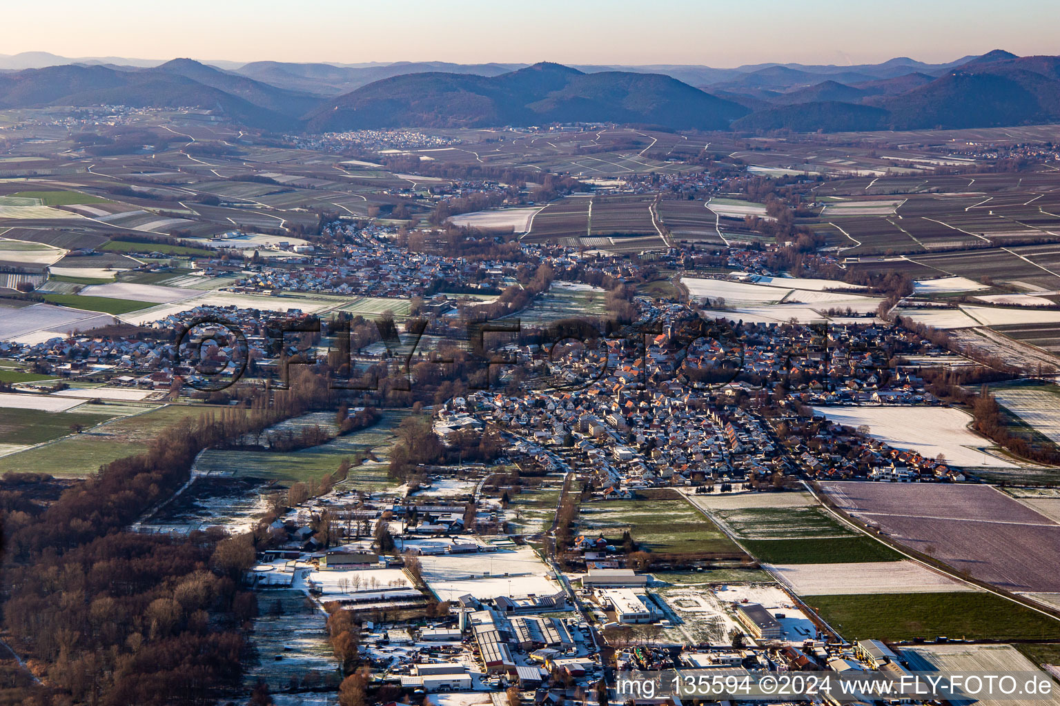 From the east in winter when there is snow in the district Billigheim in Billigheim-Ingenheim in the state Rhineland-Palatinate, Germany