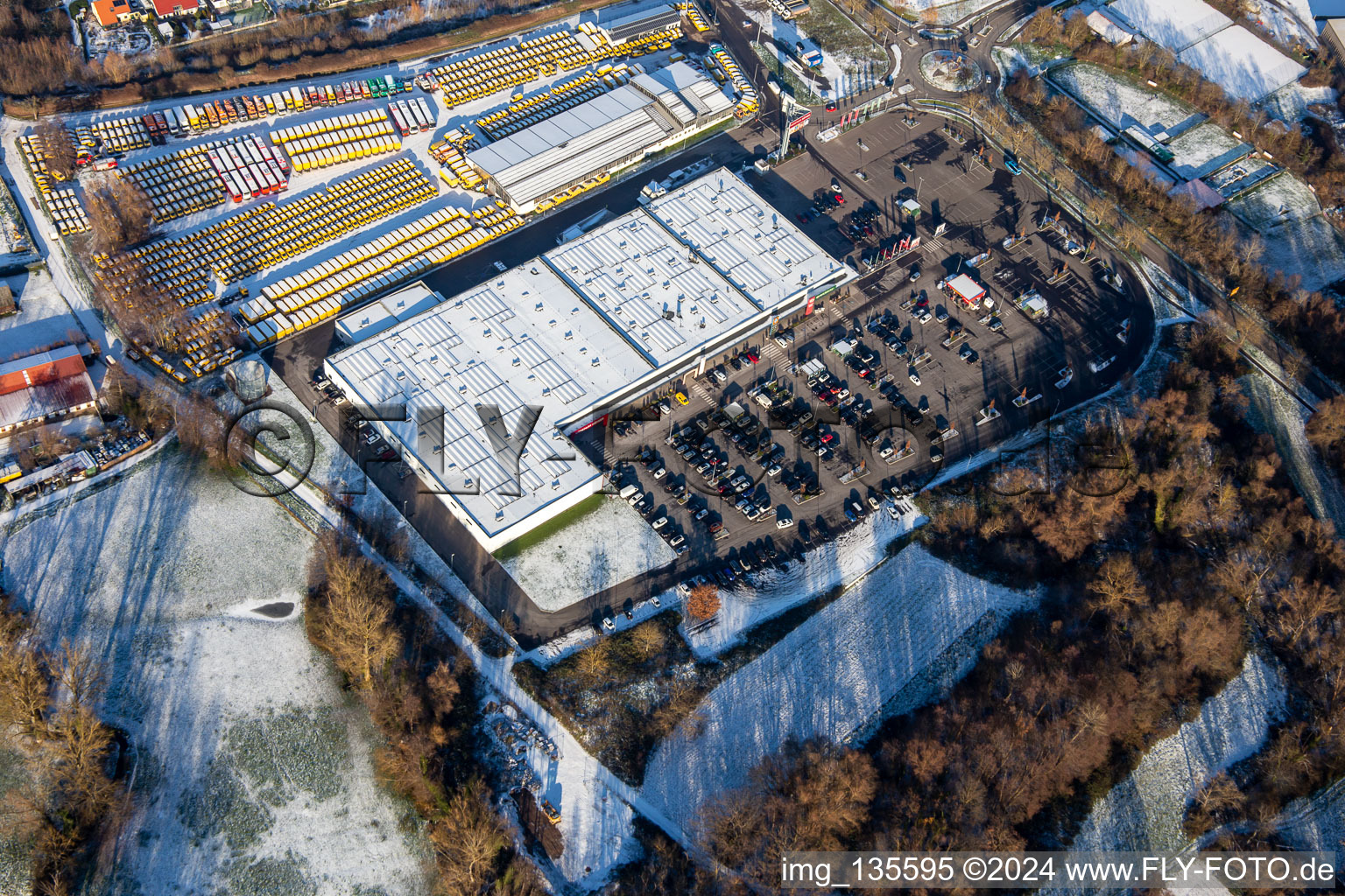 Aerial view of Südpfalz Center in winter with snow in Rohrbach in the state Rhineland-Palatinate, Germany