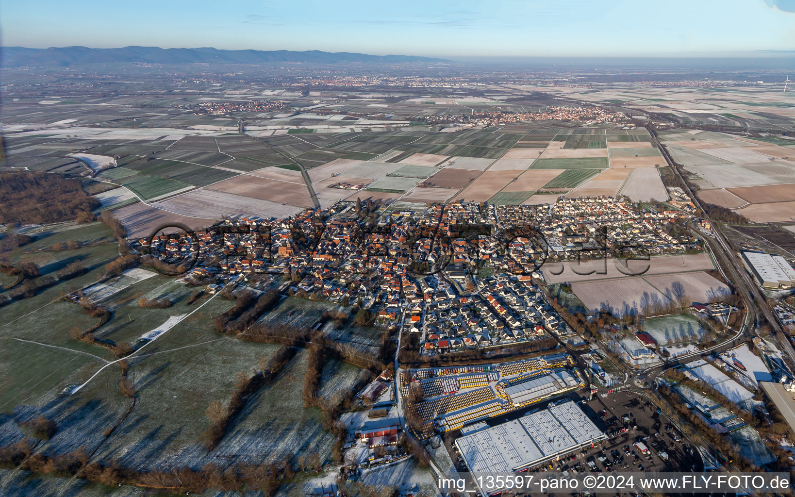 From the south in winter when there is snow in Rohrbach in the state Rhineland-Palatinate, Germany