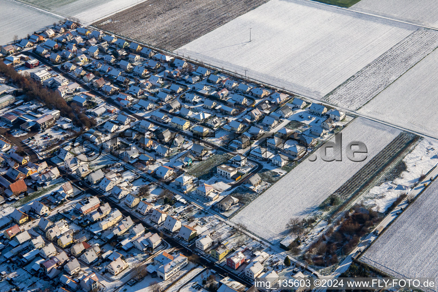 In the bread fields in winter with snow in Steinweiler in the state Rhineland-Palatinate, Germany