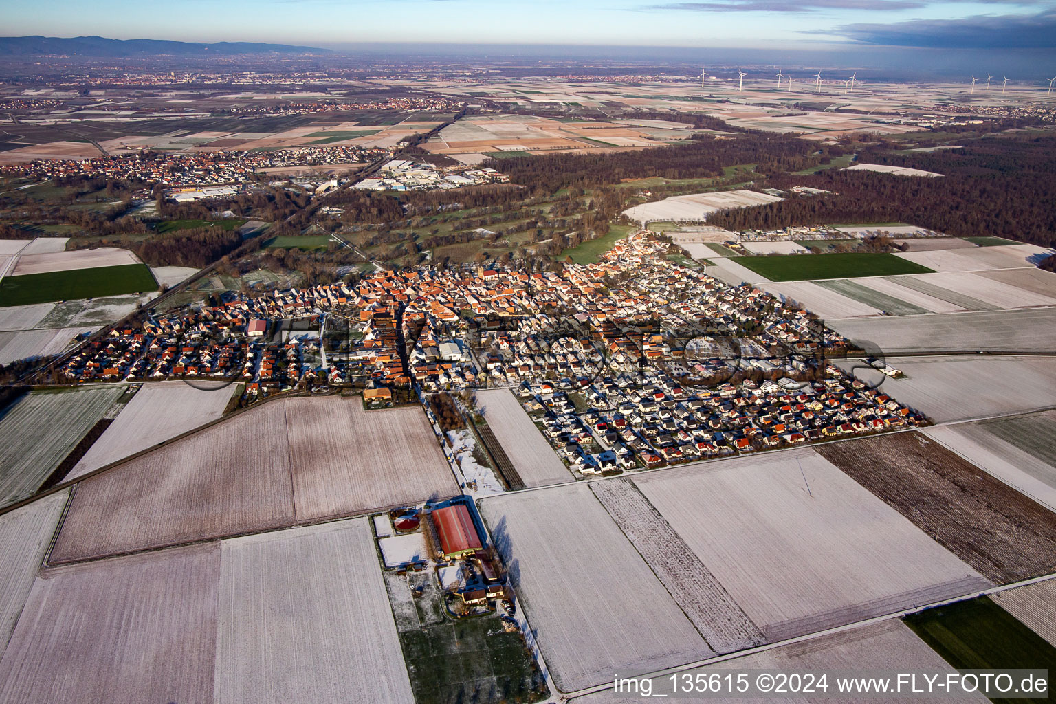 From the south in winter when there is snow in Steinweiler in the state Rhineland-Palatinate, Germany