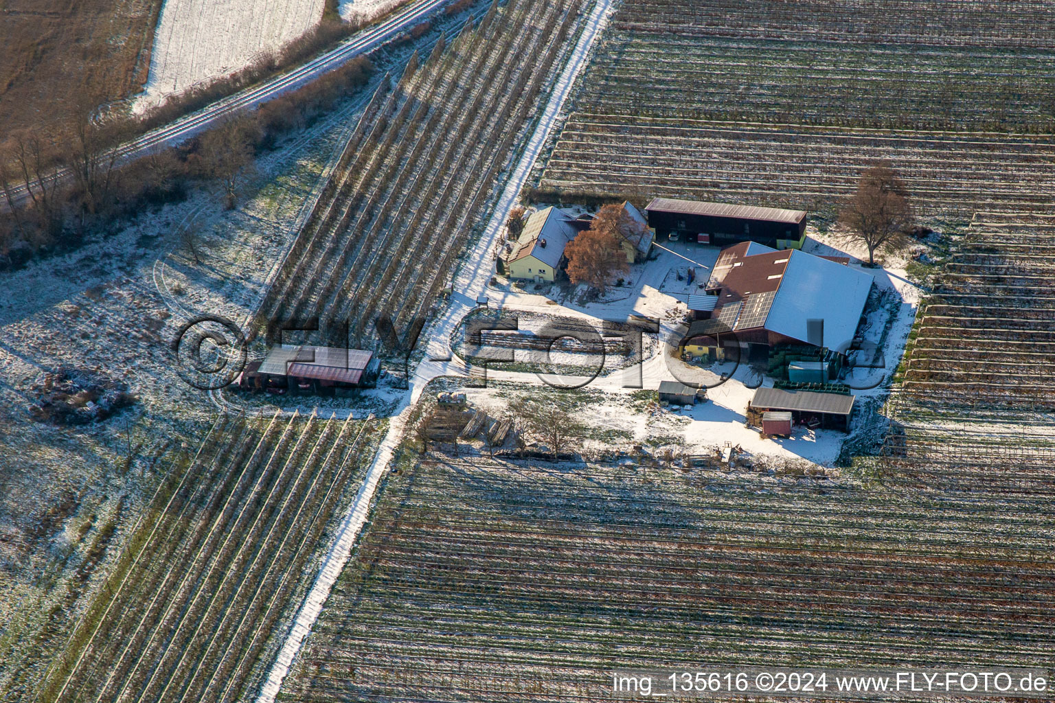 Gensheimer asparagus and fruit farm in winter with snow in Steinweiler in the state Rhineland-Palatinate, Germany