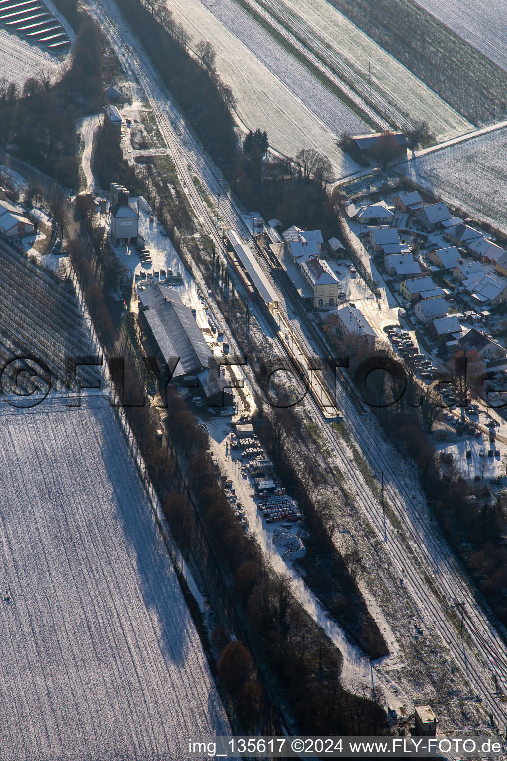 Train station in winter with snow in Winden in the state Rhineland-Palatinate, Germany