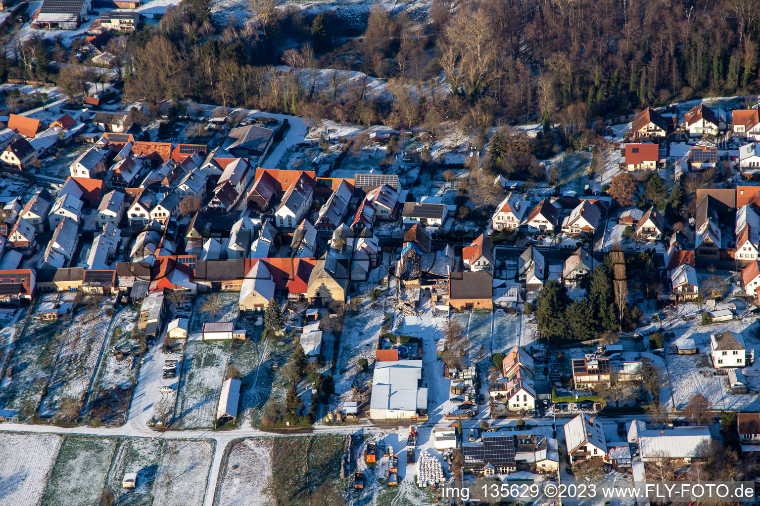 Aerial view of In winter when there is snow in Winden in the state Rhineland-Palatinate, Germany