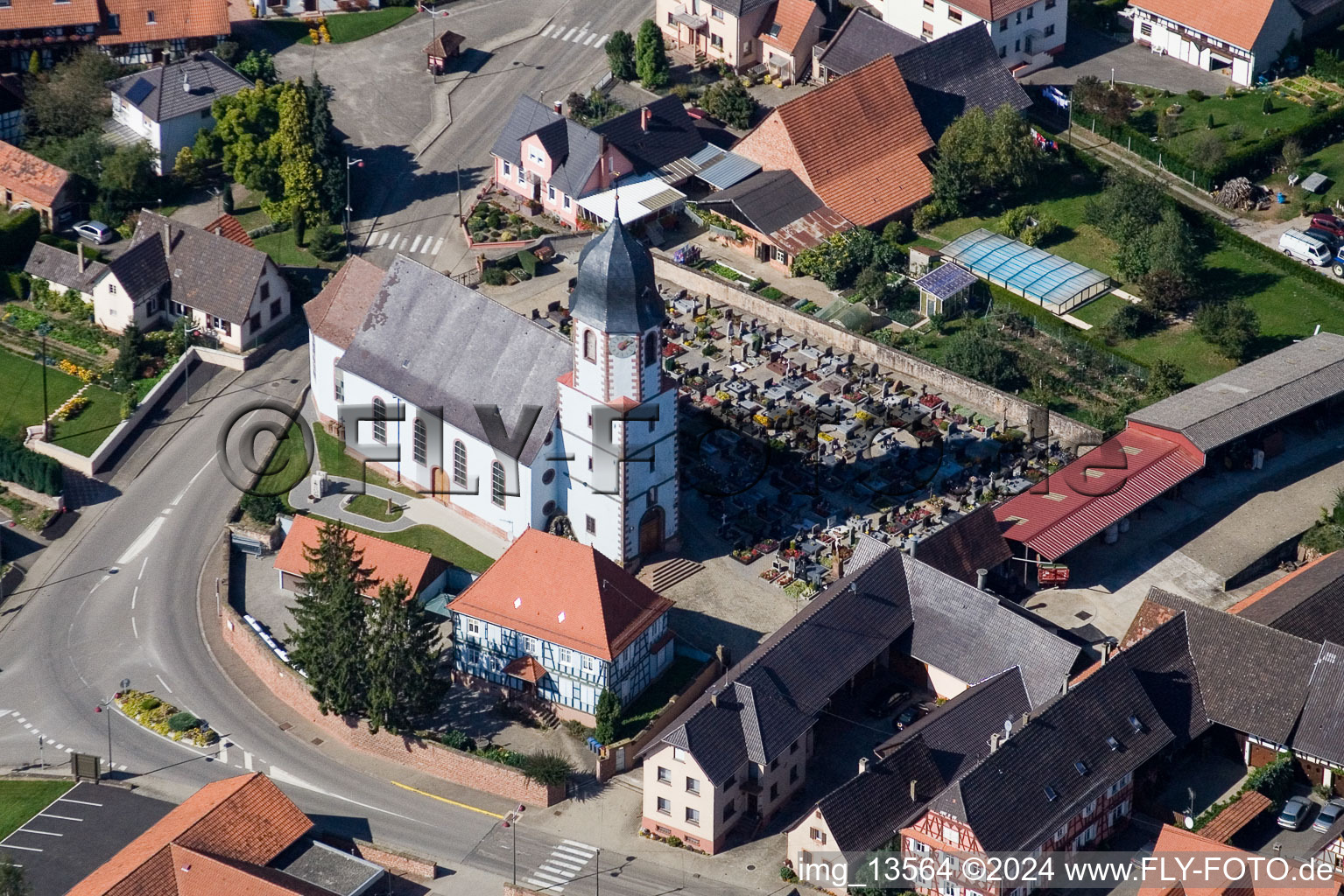 Aerial photograpy of Church building in the village of in Niederlauterbach in Grand Est, France