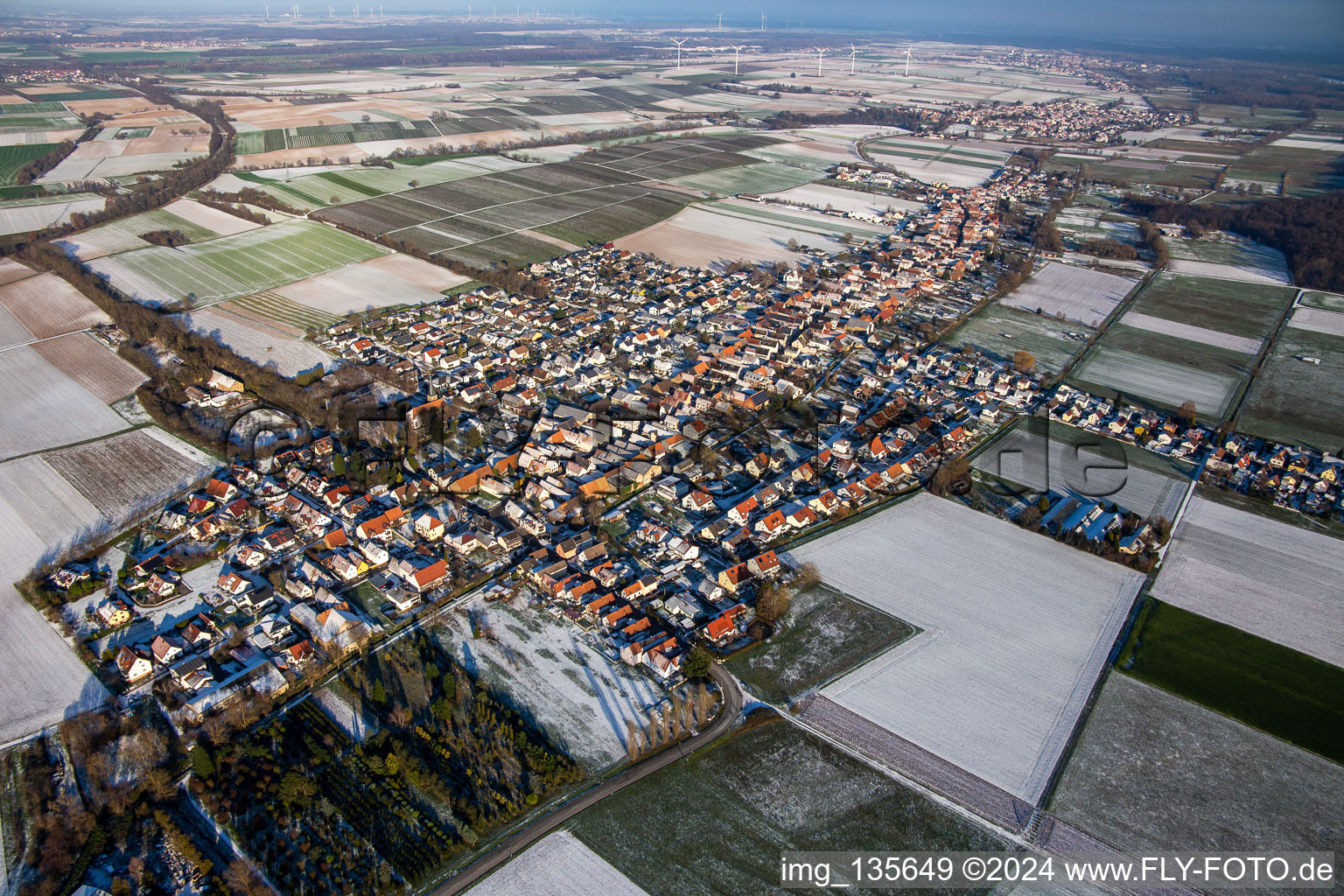 From the southwest in winter when there is snow in the district Schaidt in Wörth am Rhein in the state Rhineland-Palatinate, Germany