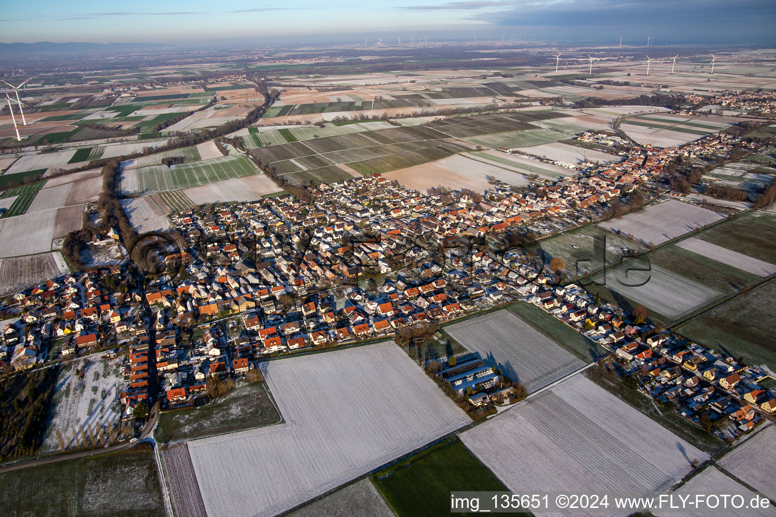 Aerial view of From the southwest in winter when there is snow in the district Schaidt in Wörth am Rhein in the state Rhineland-Palatinate, Germany