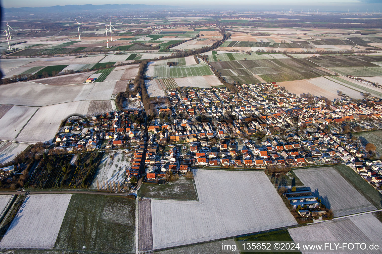 Aerial photograpy of From the southwest in winter when there is snow in the district Schaidt in Wörth am Rhein in the state Rhineland-Palatinate, Germany