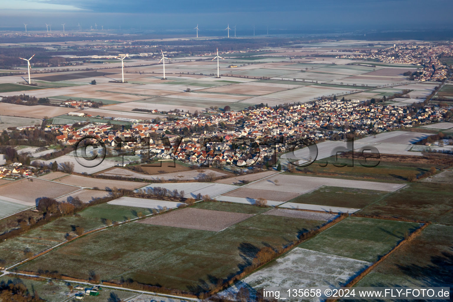 From the southwest in winter when there is snow in Minfeld in the state Rhineland-Palatinate, Germany