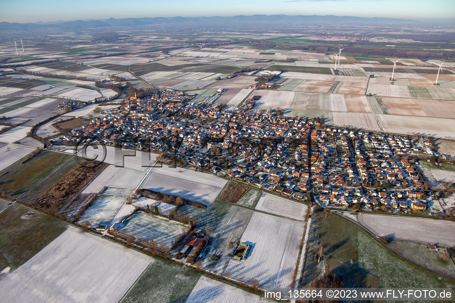 From the southeast in winter when there is snow in Minfeld in the state Rhineland-Palatinate, Germany