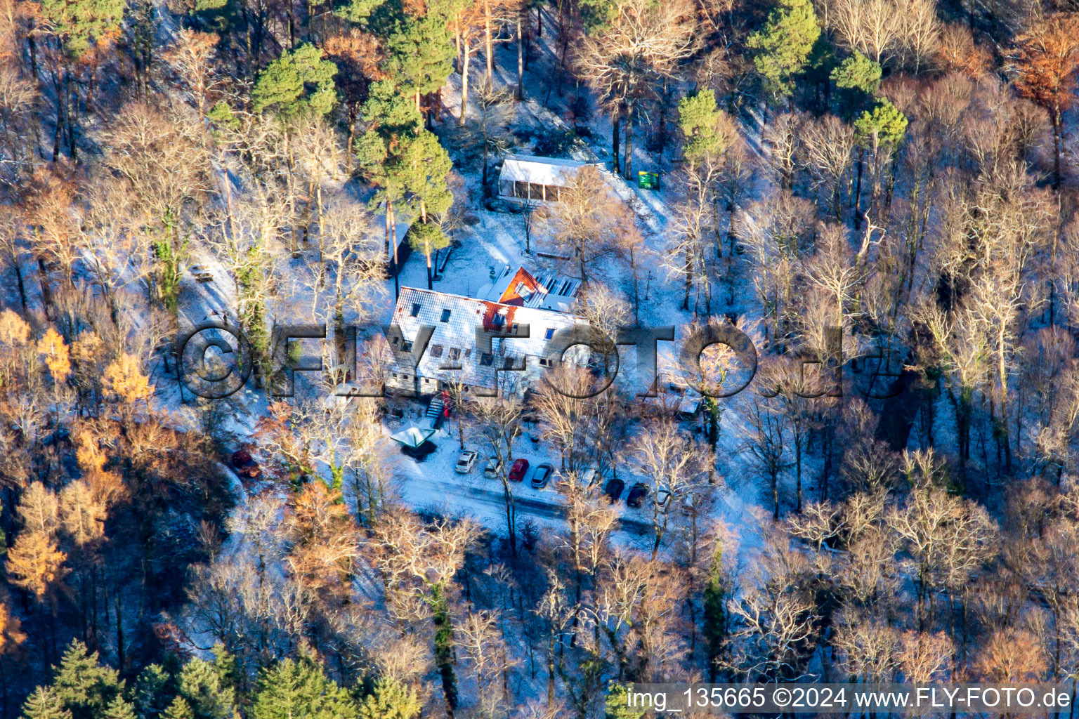 Naturfreundehaus Bienwald in winter with snow in Kandel in the state Rhineland-Palatinate, Germany