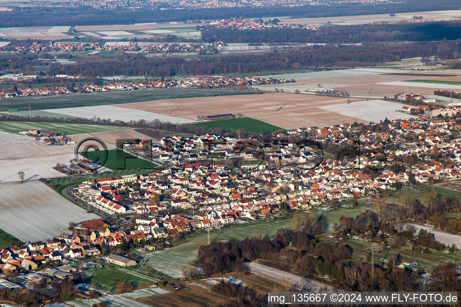 New development area K2 in winter with snow in Kandel in the state Rhineland-Palatinate, Germany from the plane