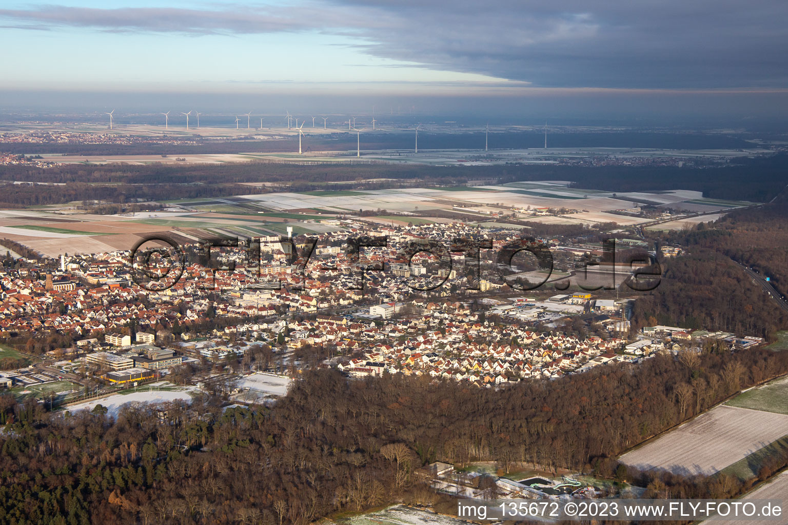 Garden city in winter with snow in Kandel in the state Rhineland-Palatinate, Germany